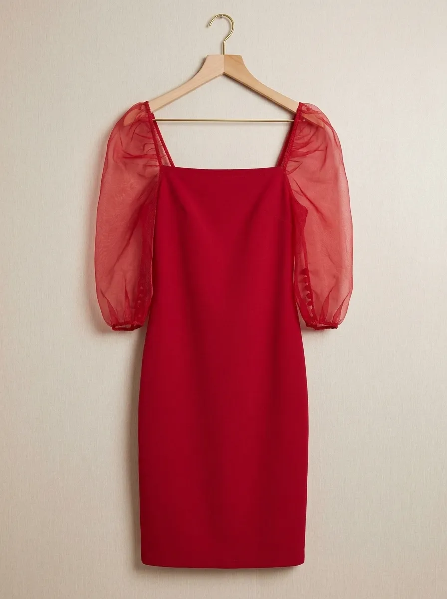 Robe Rouge Midi Manches Bouffantes — Taille L Comme Neuve - 1